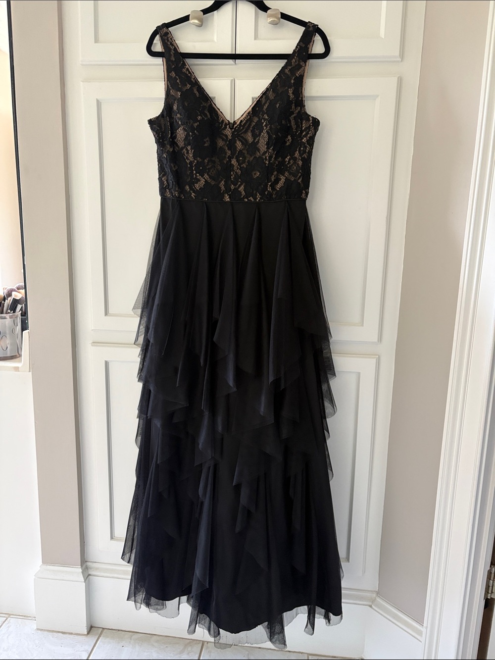 Aidan Mattox Black Lace Bodice Tiered Tulle Evening Gown size 12